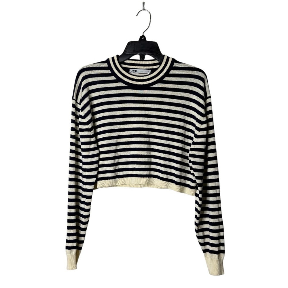 Zara Sweater Navy‎ Off White Striped Cropped Nautical Preppy Casual Sz M